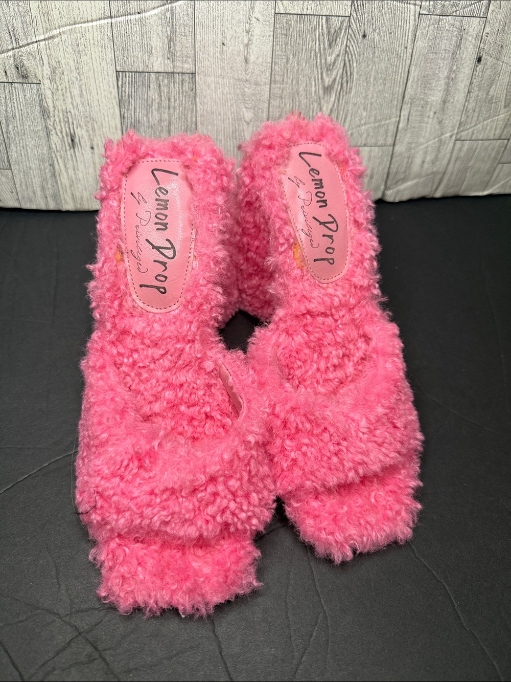 Lemon Drop by Privileged Pink Fuzzy Slide Heels